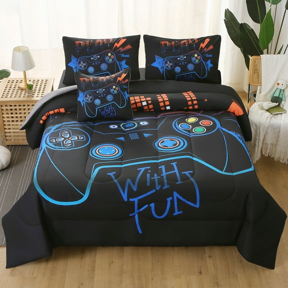 OKKEEY Gaming Bedding Sets for Boys, Kids Teens Bed in a Bag Twin Gaming Comforter Set, 6 Pcs Blue Gamer Microfiber Quilt Set with Pillowcase, Flat Sheet, Fitted Sheet for All Season