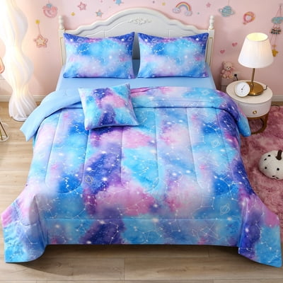 OKKEEY 6 Pcs Blue Constellation Girls Kids Comforter Set Twin Size, Bed in a Bag Colorful Tie Dye Glitter Bedding Set with Sheet for Women & Teens