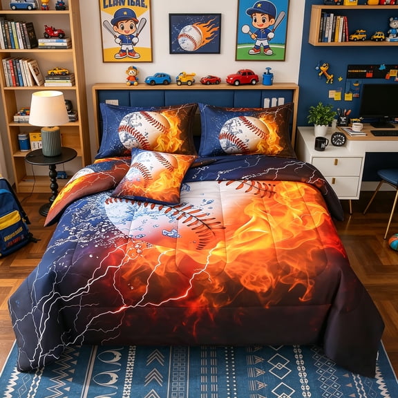 OKKEEY Teens Kids Twin Baseball Bedding Sets, 6 Pcs Orange Sport Theme Comforter Sets for Boys, Soft Microfiber Bed in a Bag with Pillowcase, Sheets & Cushion Cover for All-Season