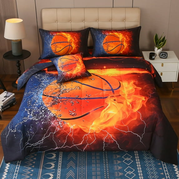 OKKEEY Teens Kids Twin Basketball Bedding Sets, 6 Pcs Orange Sport Theme Comforter Sets for Boys, Soft Microfiber Bed in a Bag with Pillowcase, Sheets & Cushion Cover for All-Season