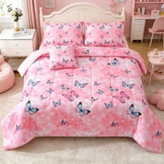 OKKEEY Twin Bedding Sets for Girls Kids, 6 Pcs Women's Pink Butterfly Comforter Set, All-Season Flower Printed Soft Microfiber Bed in a Bag Room Bedding with Sheets