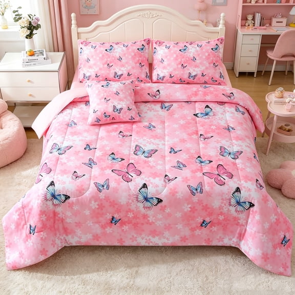 OKKEEY Twin Bedding Sets for Girls Kids, 6 Pcs Women's Pink Butterfly Comforter Set, All-Season Flower Printed Soft Microfiber Bed in a Bag Room Bedding with Sheets