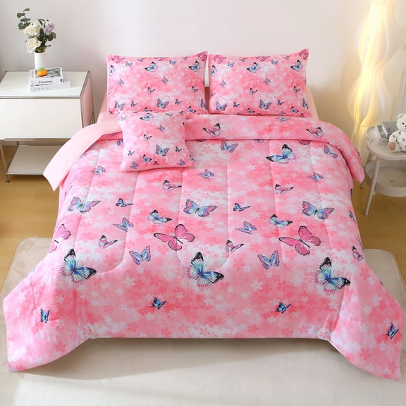 OKKEEY Twin Bedding Sets for Girls Kids, 6 Pcs Women's Pink Butterfly Comforter Set, All-Season Flower Printed Soft Microfiber Bed in a Bag Room Bedding with Sheets