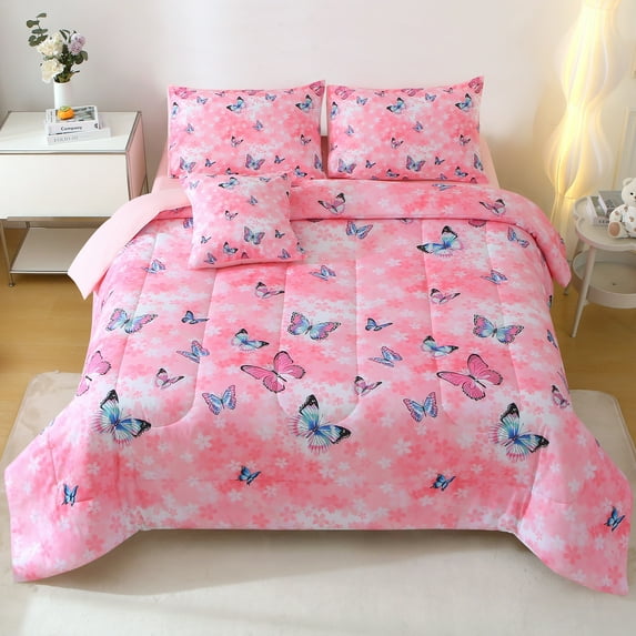 OKKEEY Twin Bedding Sets for Girls Kids, 6 Pcs Women's Pink Butterfly Comforter Set, All-Season Flower Printed Soft Microfiber Bed in a Bag Room Bedding with Sheets