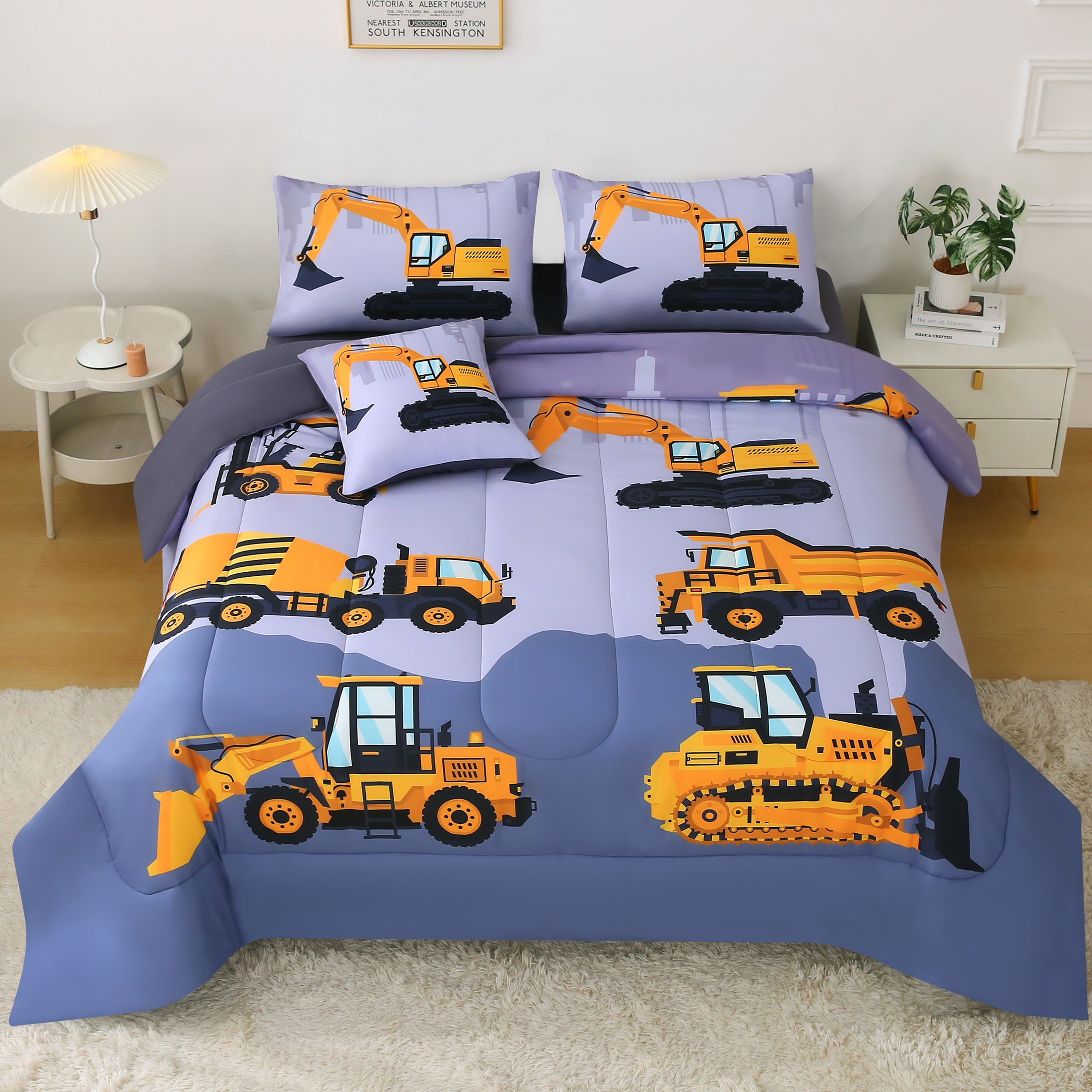 Piumino Singolo Per Bambini Con Mezzi Di Trasporto - Set Biancheria Da Letto 3D Con Camion, Escavatore E Trattore - Morbido Microfibra Per Ragazzi E Ragazze - 2