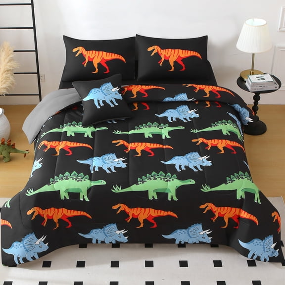 OKKEEY Twin Dinosaur Bedding Set for Boys, 6 Pcs Blue/Orange/Green Dinosaurs Bed in a Bag Comforter Set with Pillowcase & Sheet for Kids Teens, All-Season Microfiber Room Decor Gift