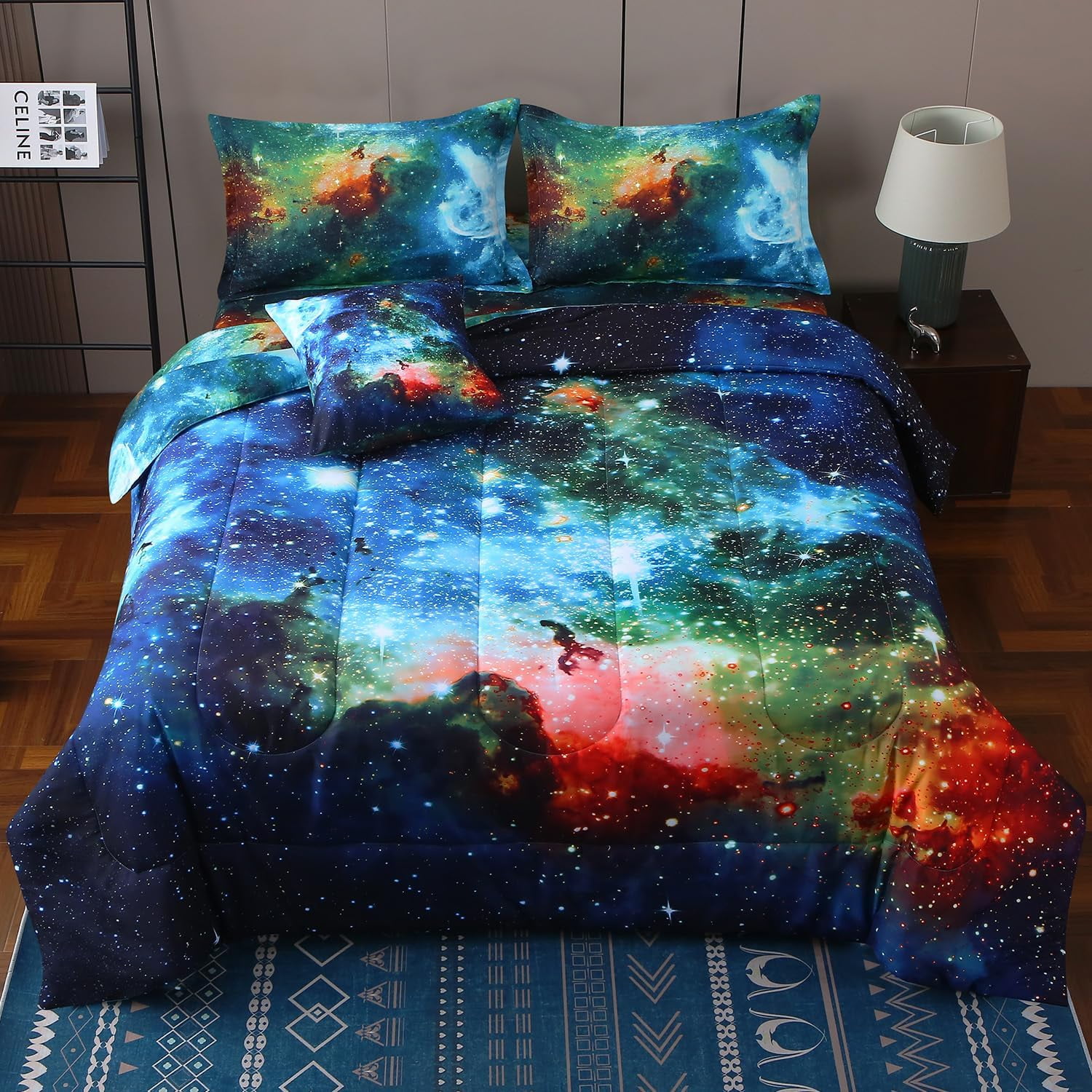 BlessLiving King Size Galaxy Comforter Set - 8 Piece Bed In A Bag, Turquoise & Purple Space Pattern, Microfiber