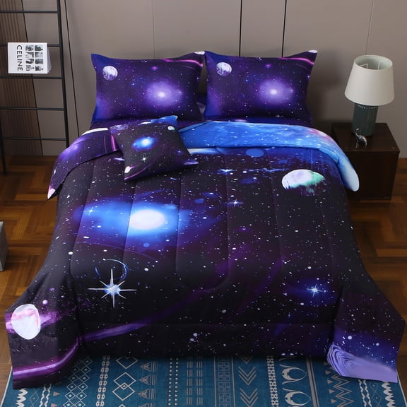 OKKEEY Galaxy Bedding Sets for Teen Boy, 6 Pcs Twin Microfiber Comforter Set for Kids, Girls, All Season Purple Outer Space Theme Bed in a Bag with Sheets & Pillowcases