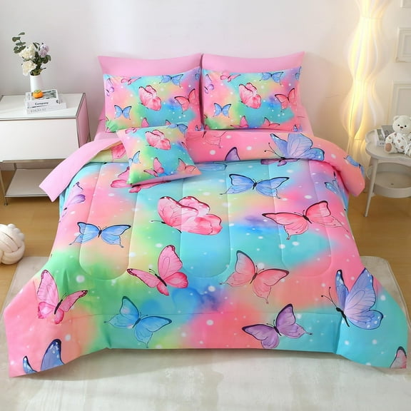 OKKEEY Kids Twin Size Comforter Sets, 6 Pcs Bedding Set for Girls & Women, Rainbow Butterfly Floral Microfiber Bed in a Bag with Pillowcase & Sheet, Bedroom Decor Gift for Teens