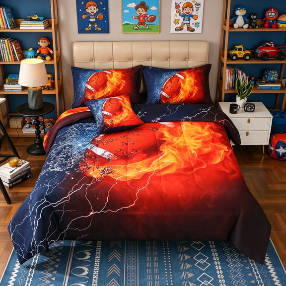 OKKEEY Twin Comforter Set, 6 Pcs Fire Rugby Football Bedding Set for Boys Kids Teens, Sport Theme Soft Microfiber All-Season Bed in a Bag with Sheets