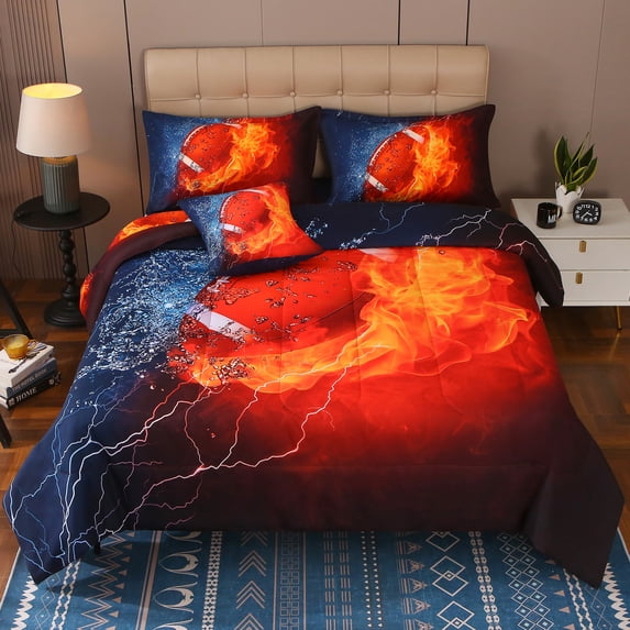 OKKEEY Twin Comforter Set, 6 Pcs Fire Rugby Football Bedding Set for Boys Kids Teens, Sport Theme Soft Microfiber All-Season Bed in a Bag with Sheets