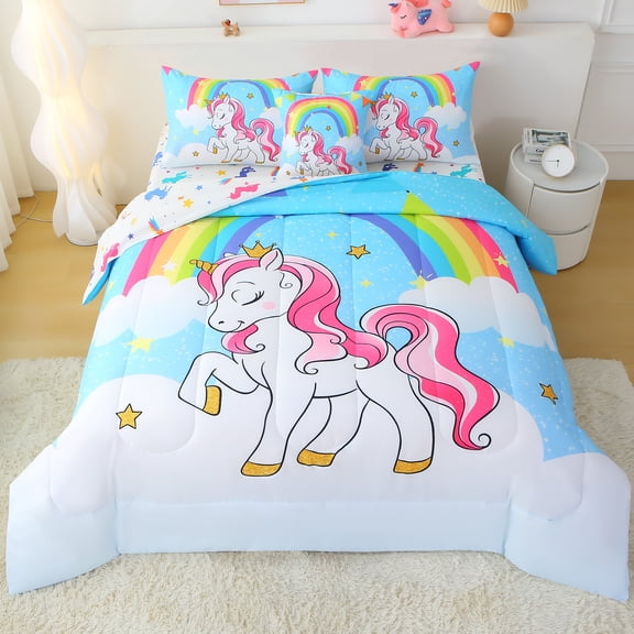 OKKEEY 6 Pcs Comforter Set Twin Size for Girls Kids Teens, Rainbow Blue Unicorn All Season Bed in a Bag, Ultra Soft Bedding Sets with Comforter, Sheets, Pillowcases