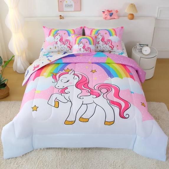 OKKEEY Rainbow Pink Unicorn Comforter Set for Girls, Twin 6 Pcs Cute Colorful Unicorn Bedding Set for Kids Teens, Soft Machine Washable Bed in a Bag for All Season