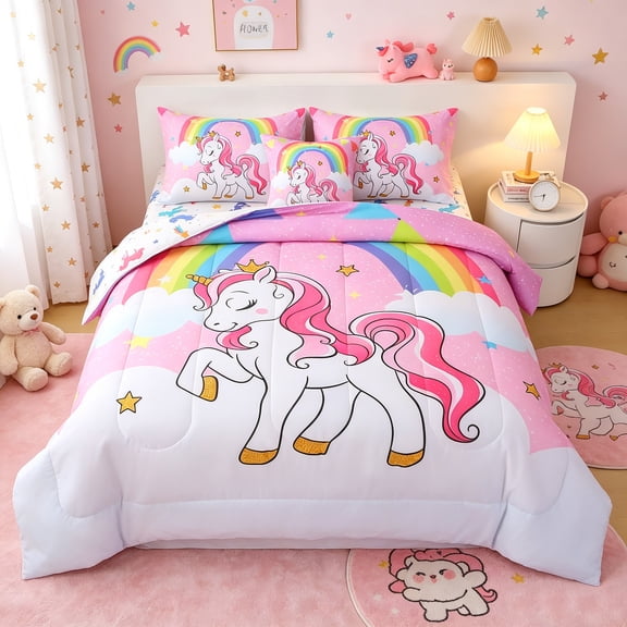OKKEEY Rainbow Pink Unicorn Comforter Set for Girls, Twin 6 Pcs Cute Colorful Unicorn Bedding Set for Kids Teens, Soft Machine Washable Bed in a Bag for All Season