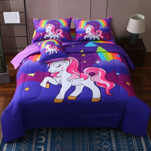 OKKEEY Rainbow Purple Unicorn Comforter Set 6 Pcs Twin Bed in a Bag for Girls Teens, Soft Microfiber Washable Bedding Set for Kids Age 5+, with Comforter, Sheets, Pillowcases