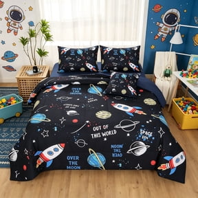 OKKEEY Boys Twin Sheet Comforter Sets, 6 Pcs Planet Theme Bedding Sets for Kids Teens, Bed in a Bag, Galaxy Space Rocket Bedroom Set with Pillowcases, Sheet, Cushion Cover
