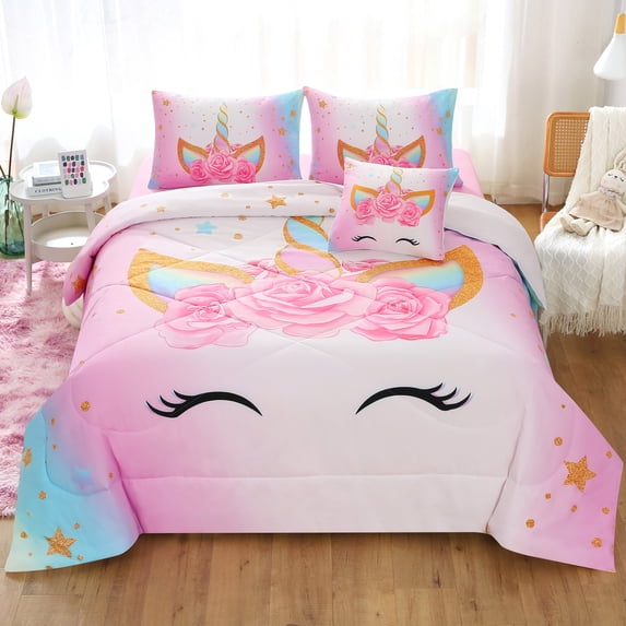 OKKEEY Smile Unicorn Full Bedding Sets for Girls, 6 Pcs Kids Teens Comforter Set with Pink Flower Design, Machine Washable Bed in a Bag with Comforter, Sheets and Pillowcases