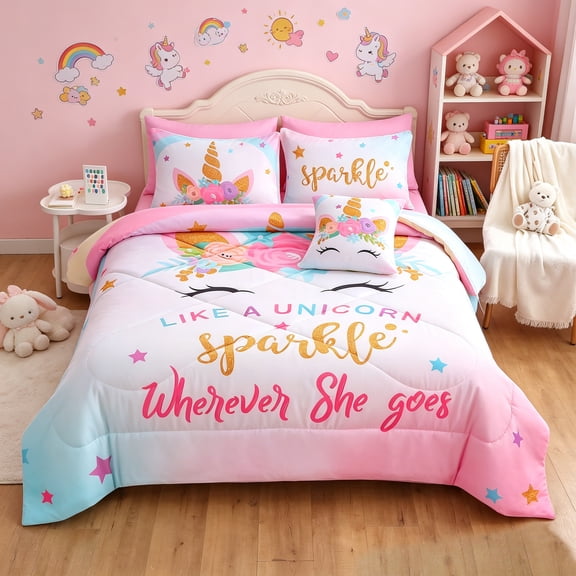 OKKEEY Kids Full Pink Comforter Set, 8 Pcs Sparkle Flower Unicorn Bedding Set for Girls Teen, Soft Microfiber Bed in a Bag Bedroom Sets Gift with Sheet, All Season