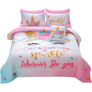 JQinHome Unicorn Twin Bedding Sets for Girls Kids,6 Piece Bed in A Bag 3D Colorful Flower Girl Unicorn Comforter Set with Sheet Set(Sparkle)
