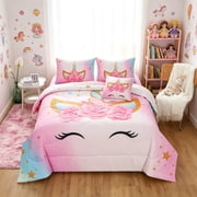 OKKEEY Smile Unicorn Twin Bedding Sets for Girls, 6 Pcs Kids Teens Comforter Set with Pink Flower Design, Machine Washable Bed in a Bag with Comforter, Sheets and Pillowcases