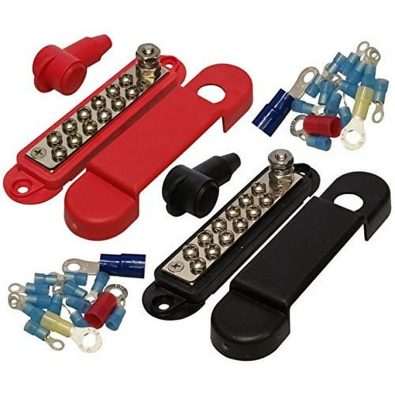 JQuad(Pair - Red & Black) 12 Terminal Distribution Block -BUSBARS- with Ring Terminals