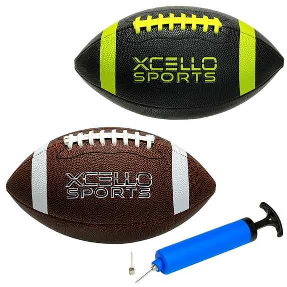 JR Junior Football Assortment with Ball Pump (Pack of 2), Youth Football, Ideal for Kids 9 to 12 Years Old, Black/Yellow & Brown/White
