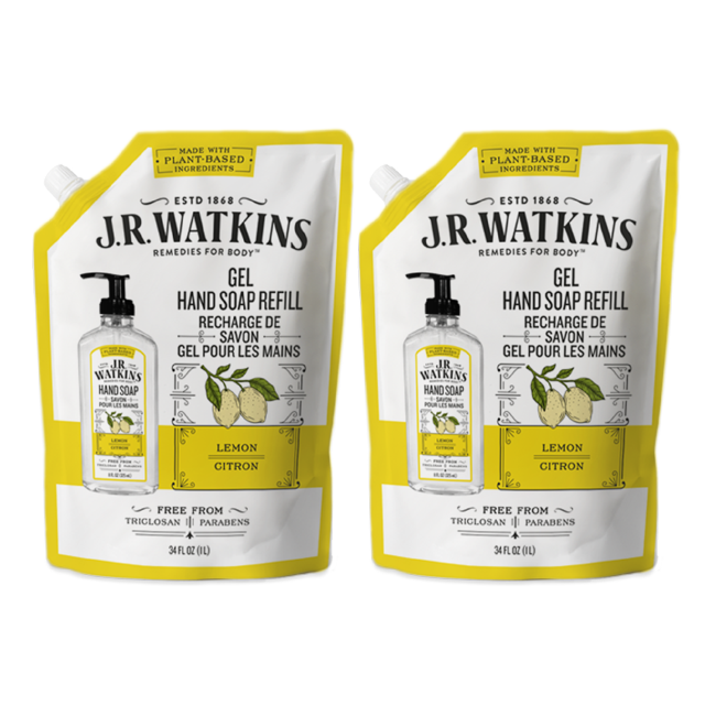 JR Watkins Gel Hand Soap Refill Pouch, Lemon, 2 Pack, Scented Liquid Hand Wash for Bathroom or