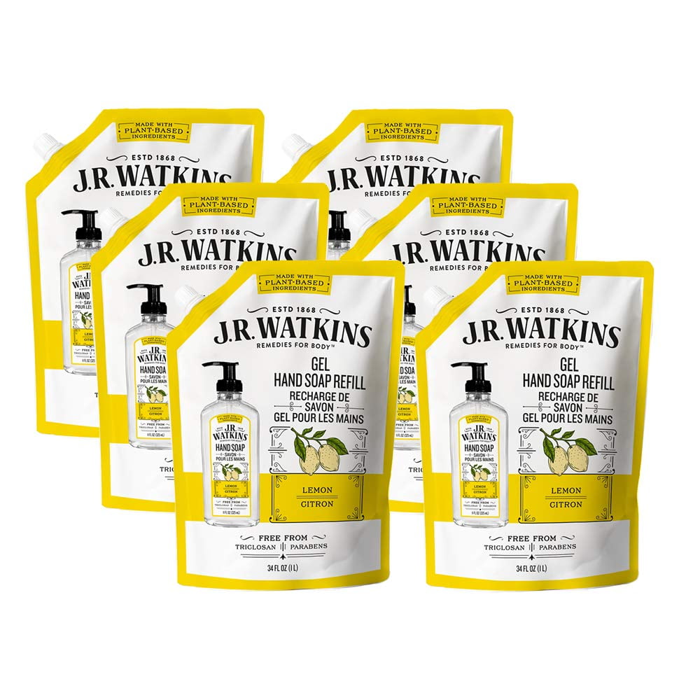 JR Watkins Gel Hand Soap Refill Pouch, Lemon, 6 Pack, Scented Liquid