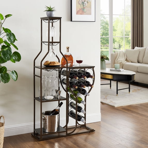 JRHRXXY 5-Tier, 11-Bottle Freestanding Wine Rack with Glass Holder, Modern