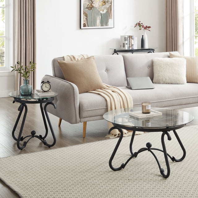 JRHRXXY 2 Piece Tempered Glass Coffee Table Set,1 Coffee Table & 1 End ...