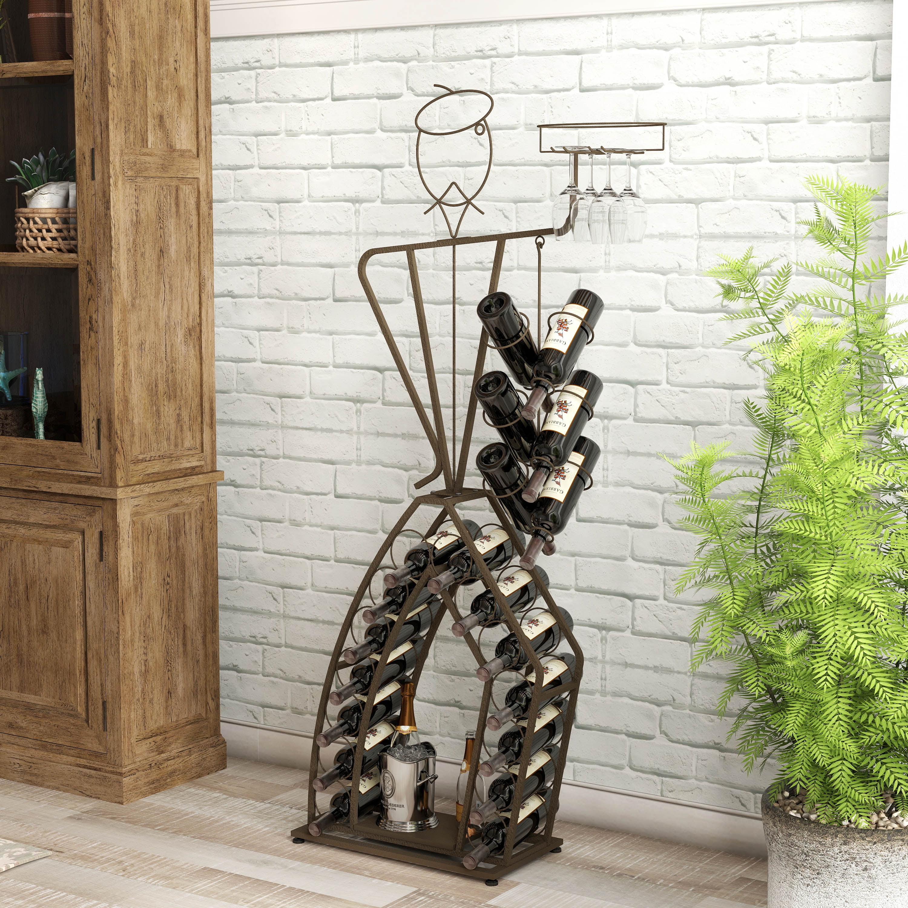 Freestanding Unique Design Wine Bakers Rack with Storage Bottle, Wine Storage Home Bar for Liquor and Wine, Brown