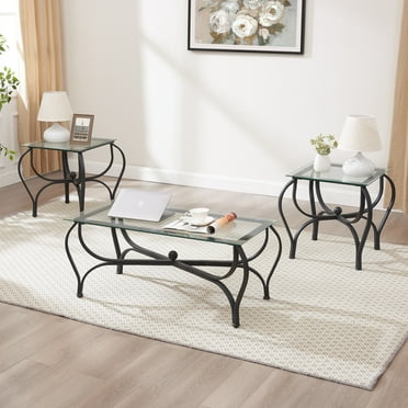 JRHRXXY 3-Piece Tempered Glass Coffee Table Set,with 1 Coffee Table & 2 End Side Table for Living Room