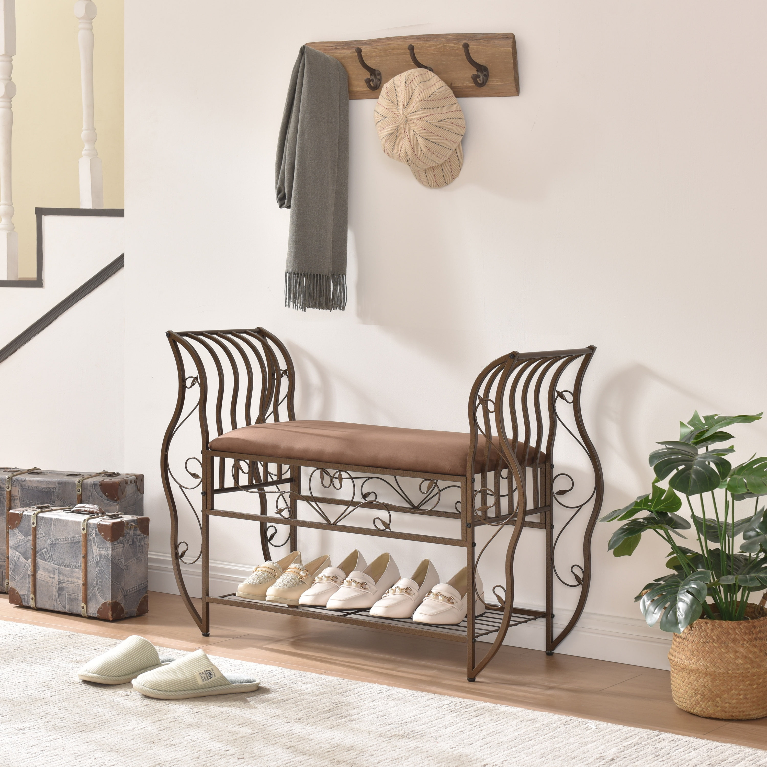 JRHRXXY 38.5 Upholstered Shoe Rack Bench with Arm Ottoman End of Bed Bench with Metal Frame for Entryway Foyer Hallway Bedroom