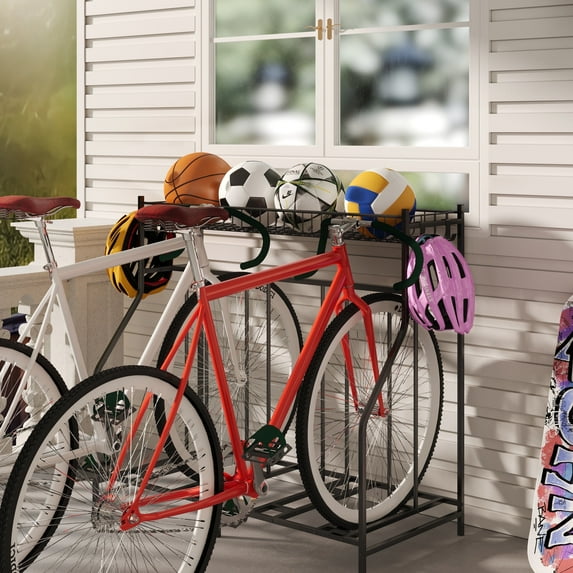 JRHRXXY 4 Bike Stand Rack with Storage Basket, Black 4 Bicycle Floor Storage Stand