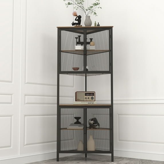 JRHRXXY 6-Tier Corner Bookshelf with Metal Mesh Door Storage Cabinet