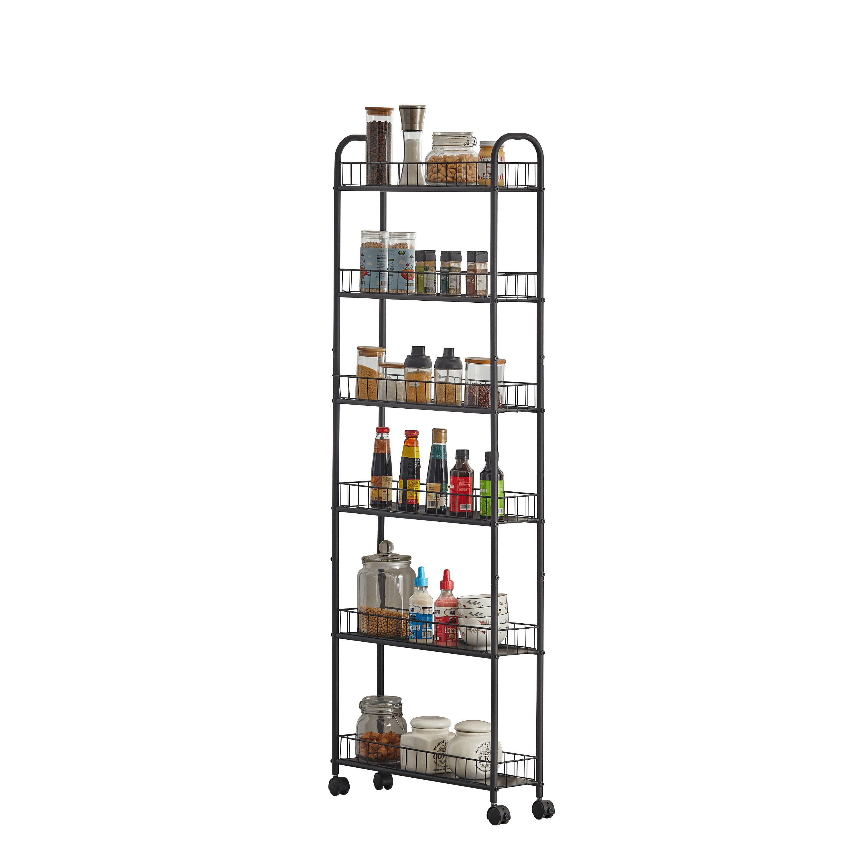 JRHRXXY Scroll 6Tier Kitchen Cart,Black Rolling Narrow Storage Shelves