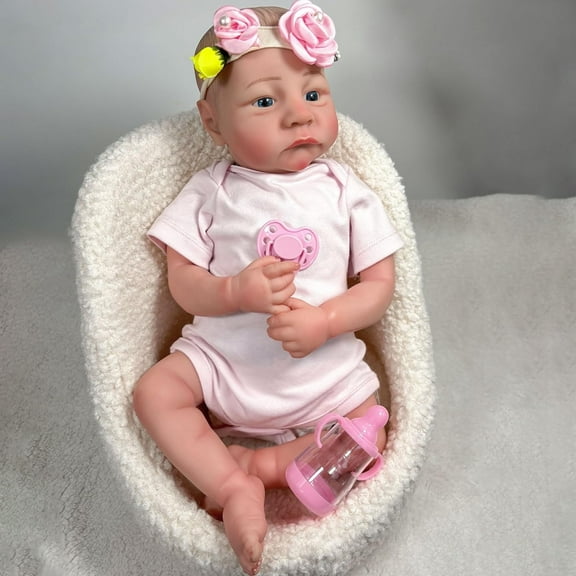JRLCGYP Realistic Reborn Baby Doll Girl, 18-inch Lifelike Newborn Soft Vinyl Toy in Pink Onesie, Birthday Gift for Kids 3+