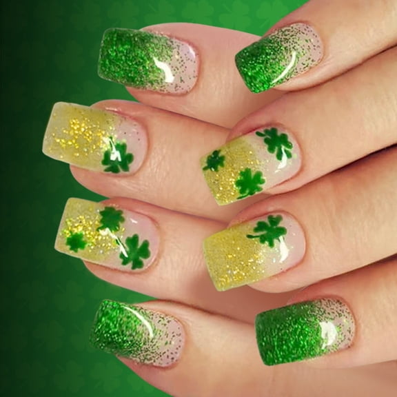 JROCHE 1Set Short Artificial Nail Glittering Gradient Green Clovers French Design Safe ABS Press On Nail