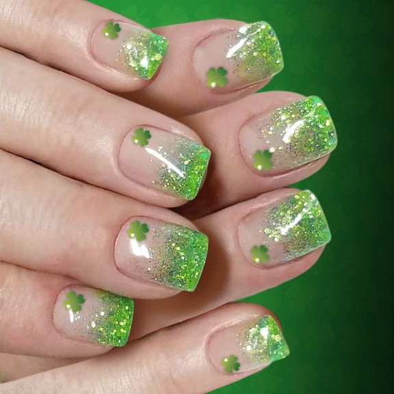 JROCHE 1Set Short Artificial Nail Glittering Gradient Green Clovers French Design Safe ABS Press On Nail