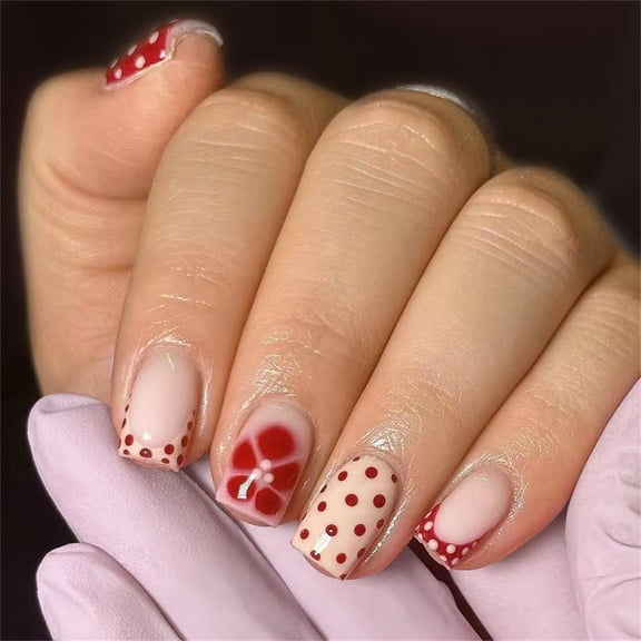 JROCHE 24PCS Modern Square Short False Nail Orange Brown Polkas Dot Flower Design Matte Acrylic Set