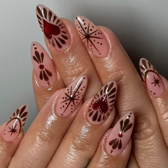 JROCHE 24PCS Water Drop Press On Nail French Style Heart Star Decoration Glossy Finish