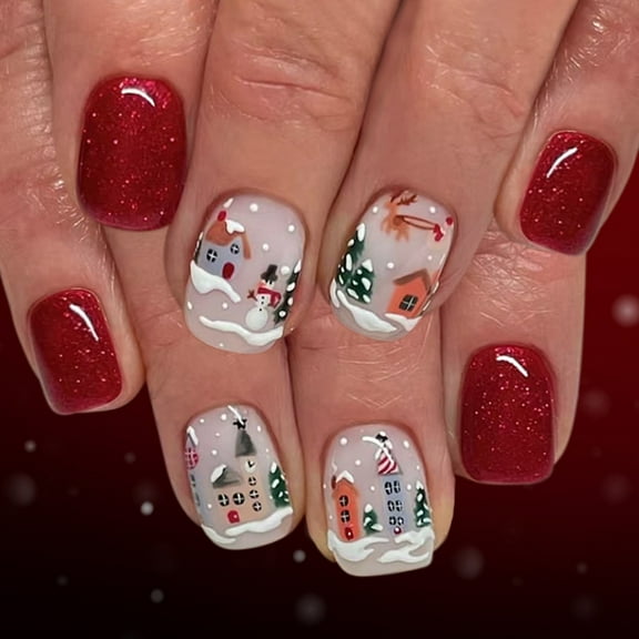 JROCHE 24Pcs Christmas Snowman Glitters Press On Nail Festive Holiday Party Comfortable Wear Artificial Nail Easy Application