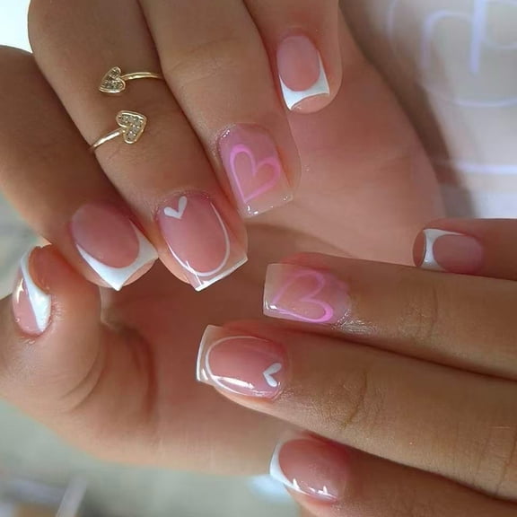JROCHE 24Pcs Square False Nail Glossy White Pink Heart French Style Press On Nail ABS Matte Short Nail Tips