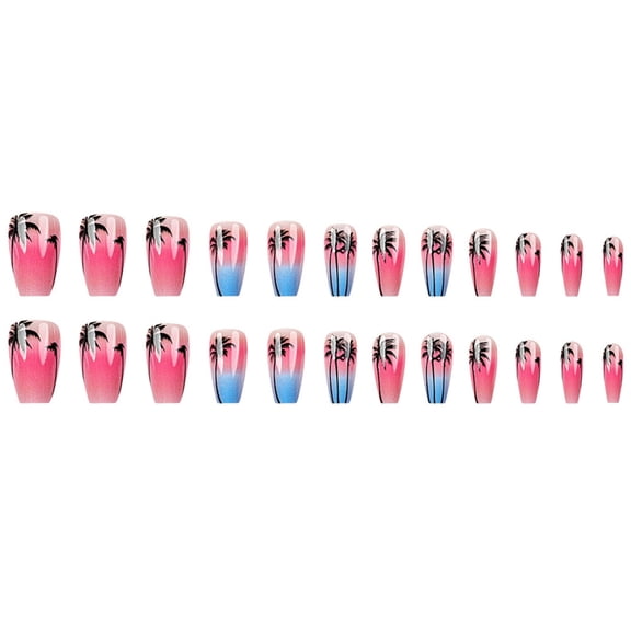 JROCHE 24pcs Summer Beach Press On Nail Medium Length Coconut Tree Design False Nail