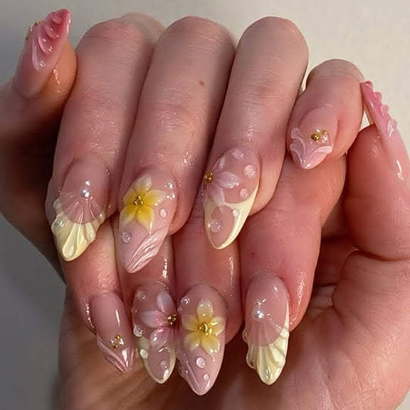 JROCHE 30PCS 3D Flower Press On Nail Short Almond Shape Blush Pink Fake Nail Easy To Wear No Tools Need