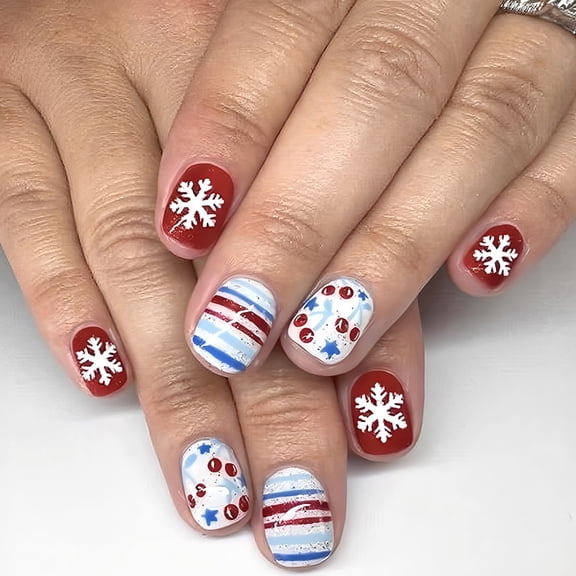 JROCHE Christmas Party Press On Nail 24PCS Set Sparkling Snowflake Design White Red ABS Nail Art
