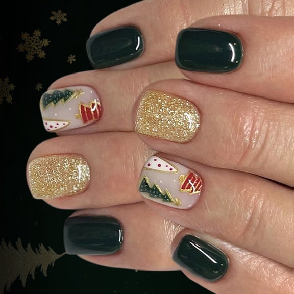 JROCHE Emerald Green Press On Nail 24Pcs Golden Glitters Holiday Design Quick Apply
