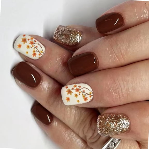 JROCHE Fall Winter False Nail Glossy Finish Short Square Shape 24Pcs Shimmering Brown Maple Leaf Artwork Press On Nail