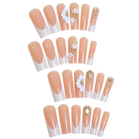 JROCHE French Nude Press On Nails With Elegant Rhinestones and Flower Designs 24pcs