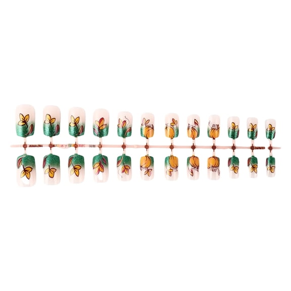 JROCHE French Tip Press on Nails Short Square False Nails with Glossy Pumpkin Maple Leaf Artificial Nail Design Full Cover